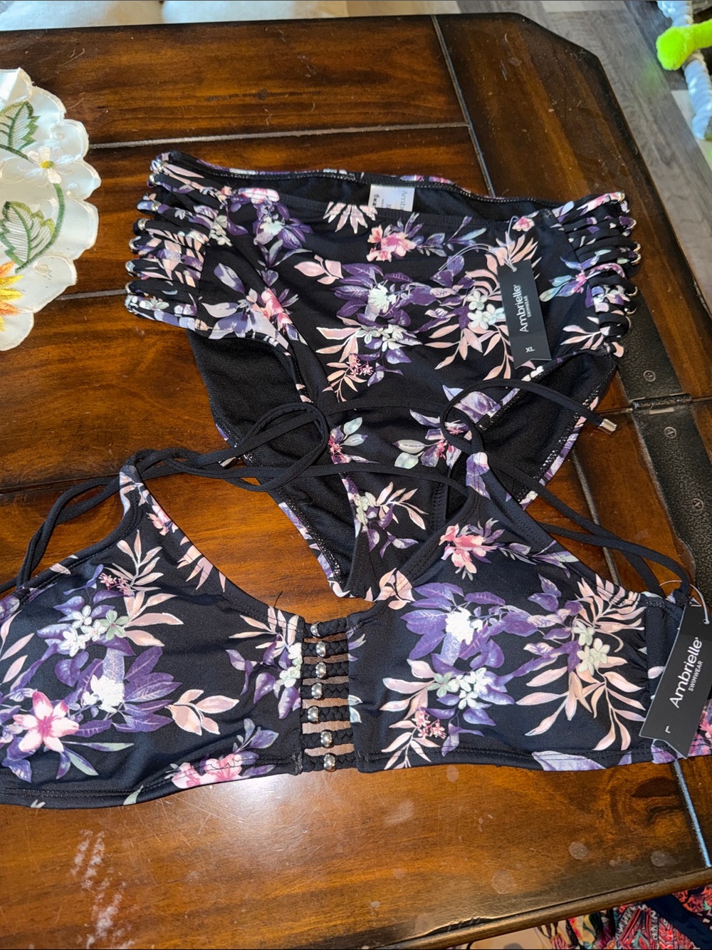 Ambrielle Black Floral Strappy Bikini